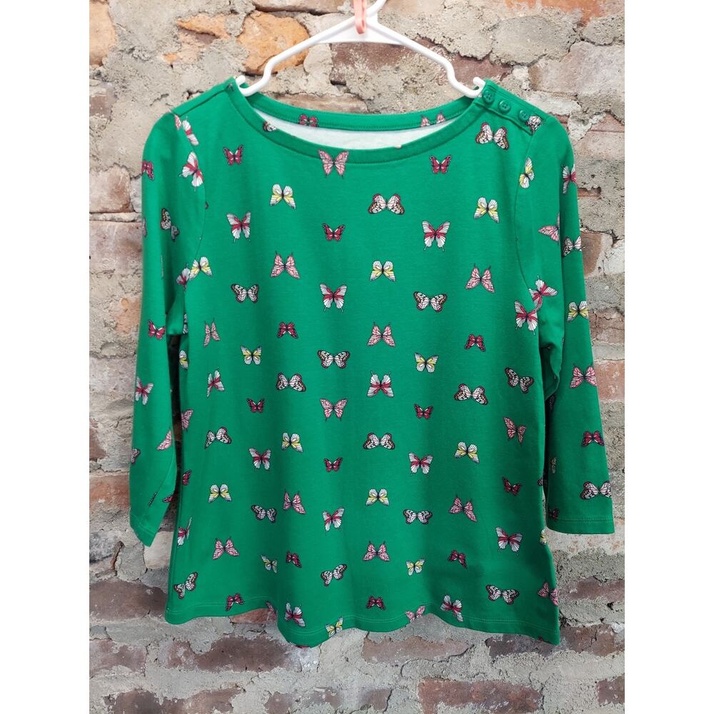 Charter Club Womens 3/4 Sleeve Top PXL Green Multicolor Butterfly Print Supima